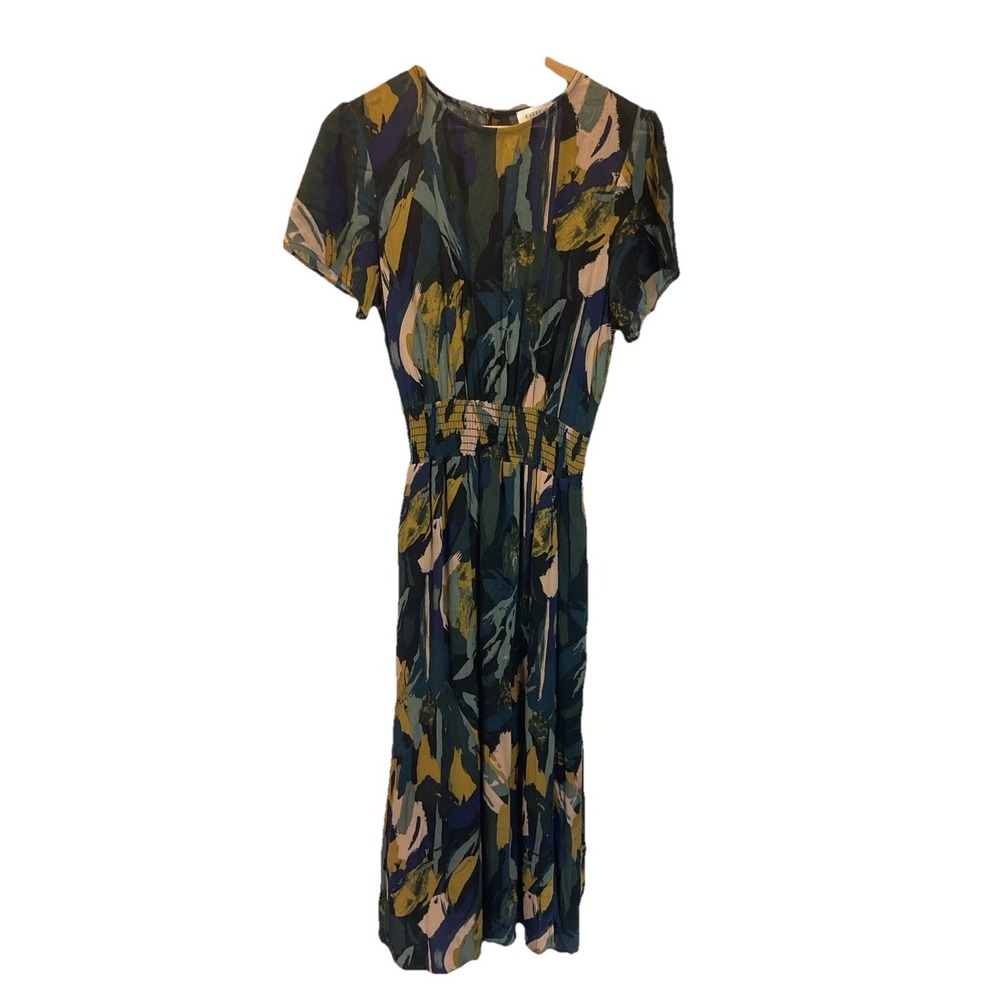 Evereve size M Alana Short Sleeve Smocked Abstract Floral Maxi midi Dress black - Picture 2 of 16